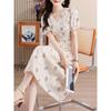 Summer 2024 Retro Floral Puff Sleeve V-Neck French Midi Dress with Waist Slimming Design