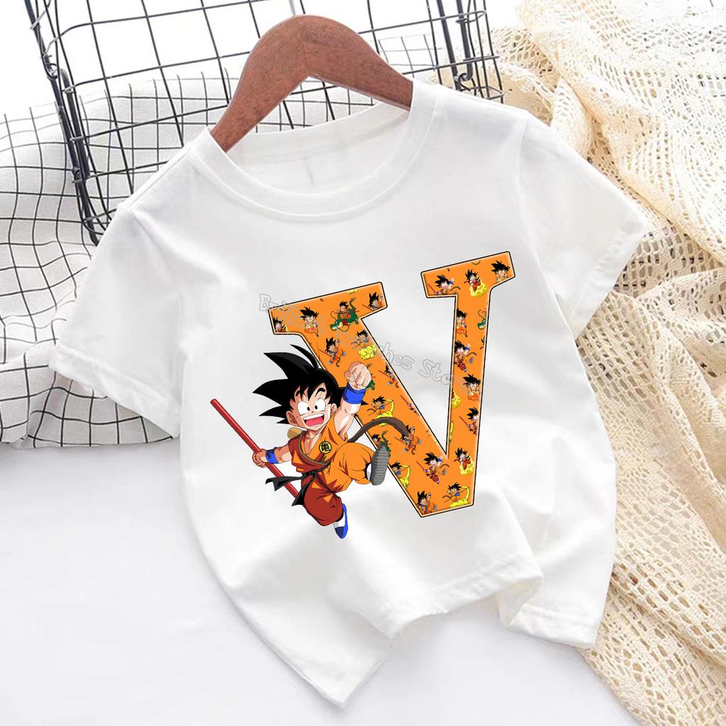 Dragon Ball Goku T-shirt for Children Cartoon Letter A-Z Tee Top Anime Round Collar Clothes Fashion Kids White Clothing Gift