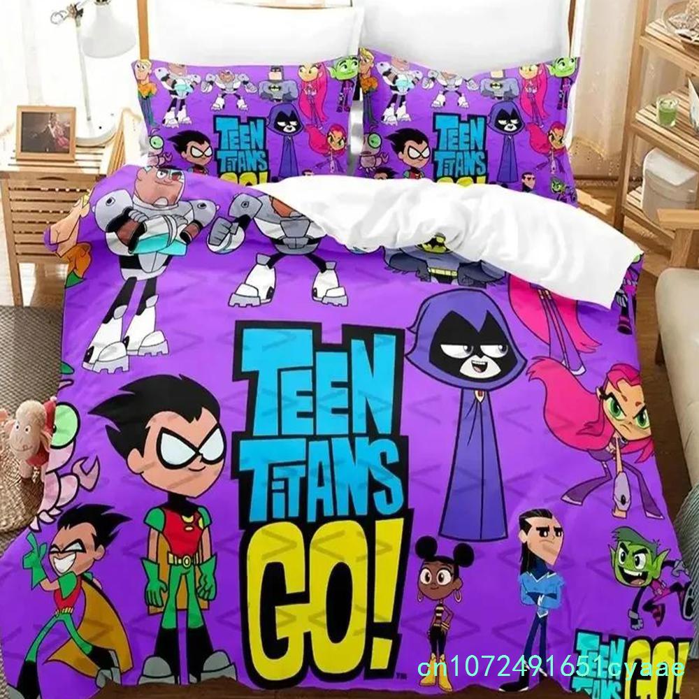Impression 3D Dessin Animé Titans Teen Go Ensemble de Literie Housse de Couette Ensemble de Lit Housse de Couette Taie d'Oreiller Couette Taille King Queen Garçons Adultes AU Single(140x210cm)