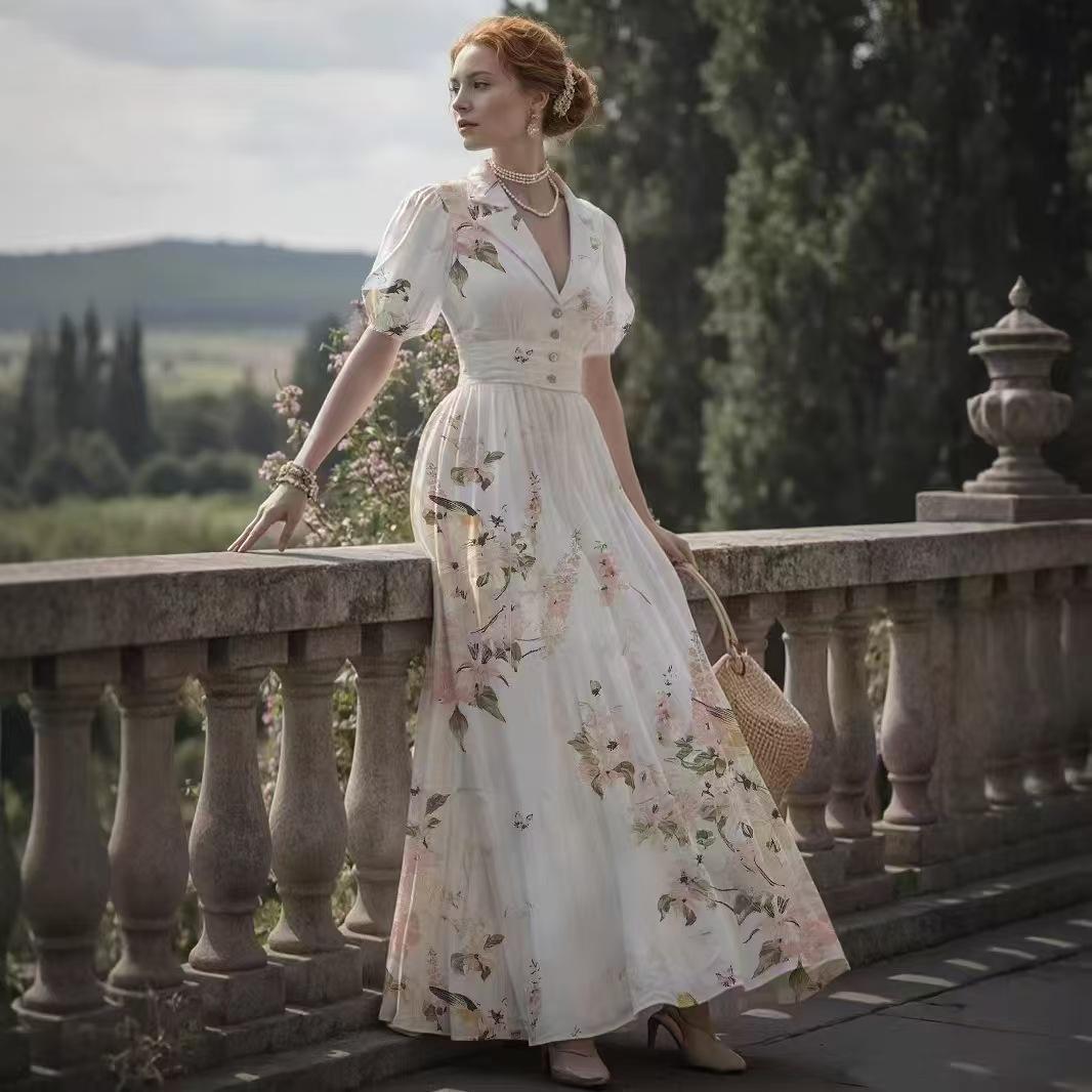 Women s V-Neck Floral Print Dress with Puff Sleeves and Button Detail S