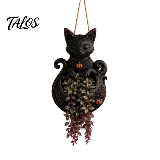 Festive Yard Hanging Decor Halloween Planter for Indoor Outdoor Use, Gothic Bat Cat Witch Raven Black Ornament Plant Pot Holder, Spooky Wall