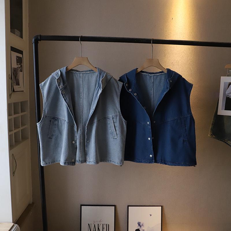 2025 Spring/Summer Women's Korean-Style Loose Casual Hooded Denim Vest Jacket