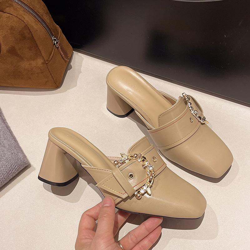 

Весна и осень новые туфли-шлепанцы на высоком каблуке с квадратным носком, женские, модные, с пряжкой-ремнем, для улицы, шлепанцы с перемычкой 40 хаки