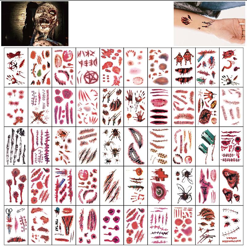20/30/50 Sheets Halloween Terror Wound Temporary Tattoo Waterproof Realistic Blood Tattoos Injury Scar Tattoo Stickers For Body