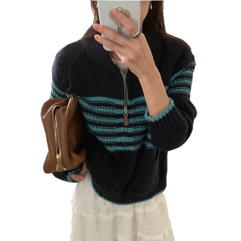Women's knitted cardigan striped contrasting colors loose lazy wind sweater women's new long-sleeved autumn top coat