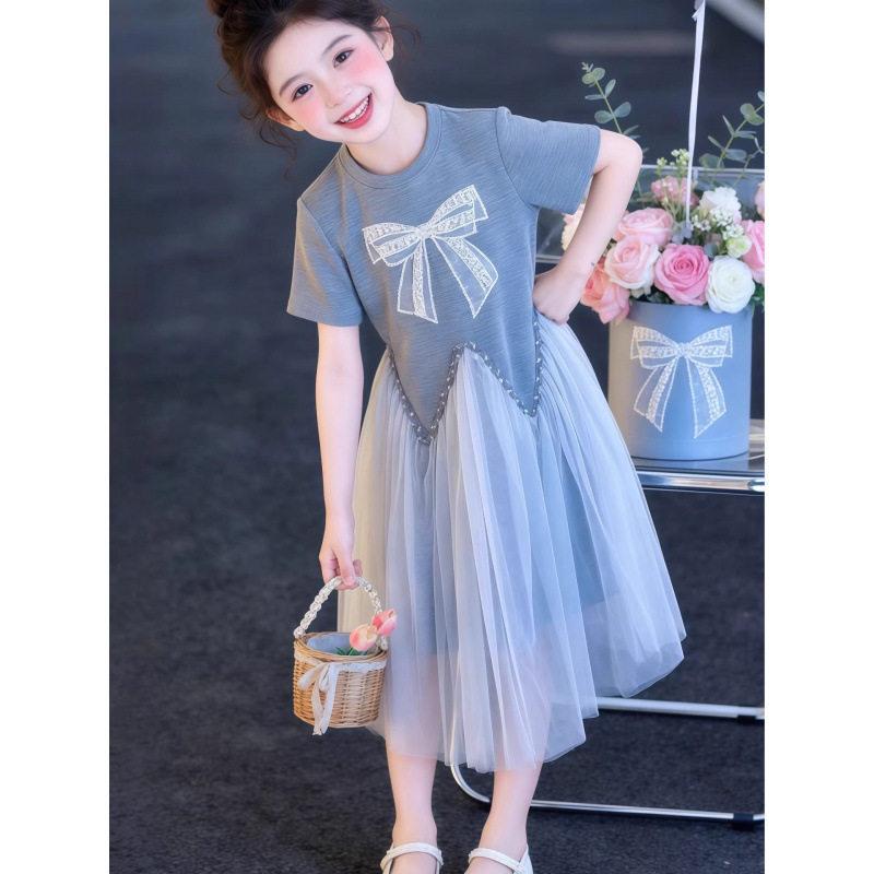 Girls Summer Fake Two Piece Dress Short Sleeve Bowknot Preppy Fairy Skirt For Big Kids