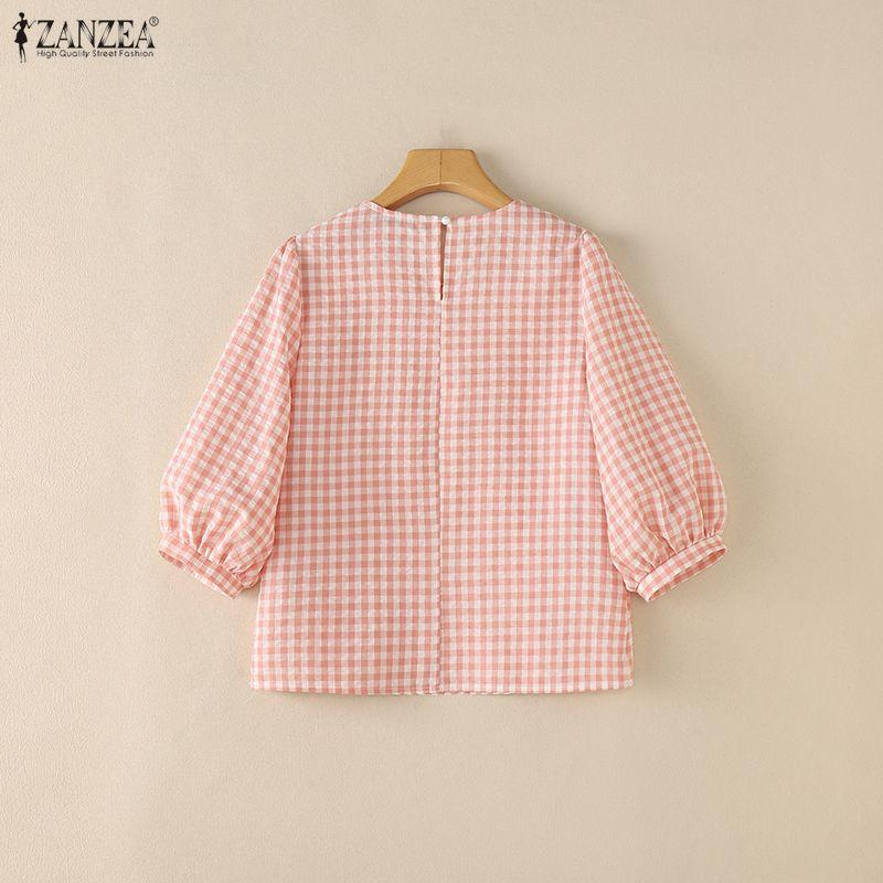 ZANZEA Women Grid Print Casual Round Neck 3/4 Sleeve Blouse