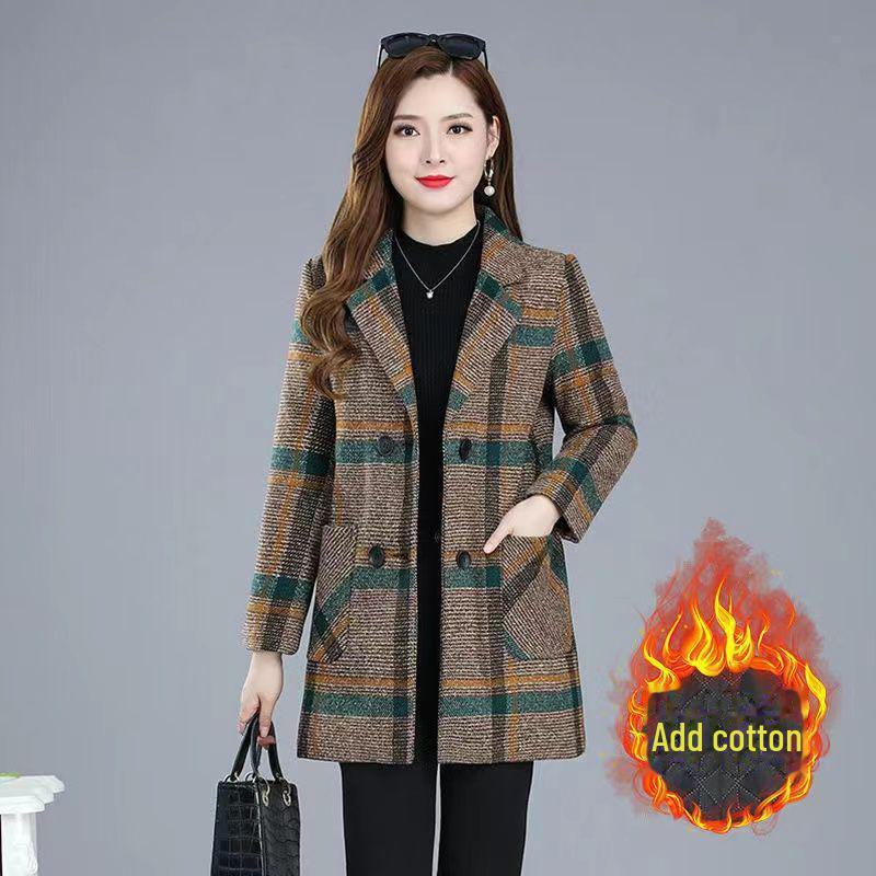 

Женское шерстяное пальто в клетку: Осень и зима, плотная, средней длины, идеально подходит для женщин 40+. 2XL 50-57 kg