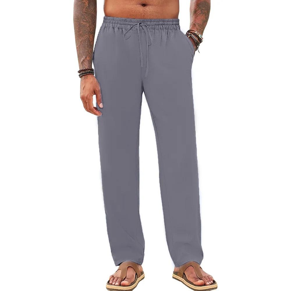 Spring Summer Men's Cotton Linen Pants Casual Basic Beach Style Vacation Hawaii Straight Leg Trouser Breathable Pants