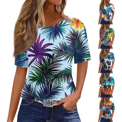 Women's Fashionable Casual Short Sleeve Print Round Neck Pullover Top