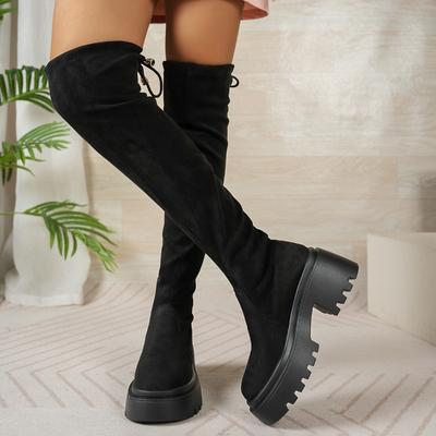 Overknee Oberschenkelstiefel Mode Runde Zehen Wildleder Plateau Rutschfester Blockabsatz Skinny Stiefel