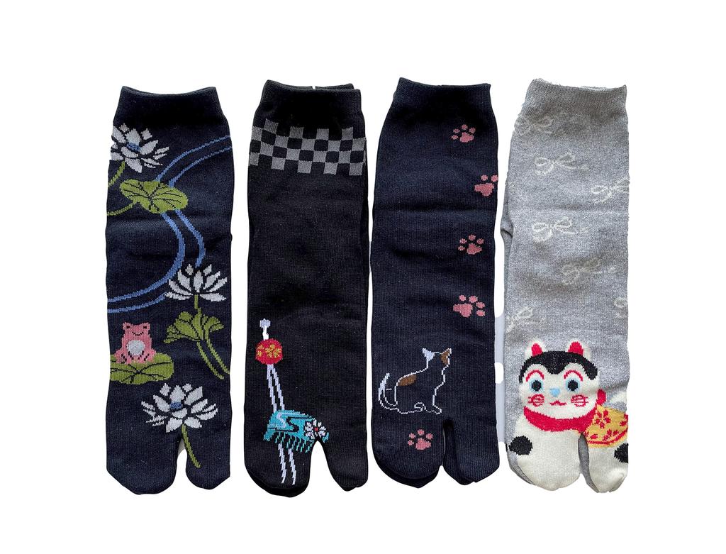 Tabi Cute Japanese Cotton Length Set of 4 of Your Women's Socks, Pattern, Blend, Heeled, Short, 23-25cm, (Pattern Choice)
