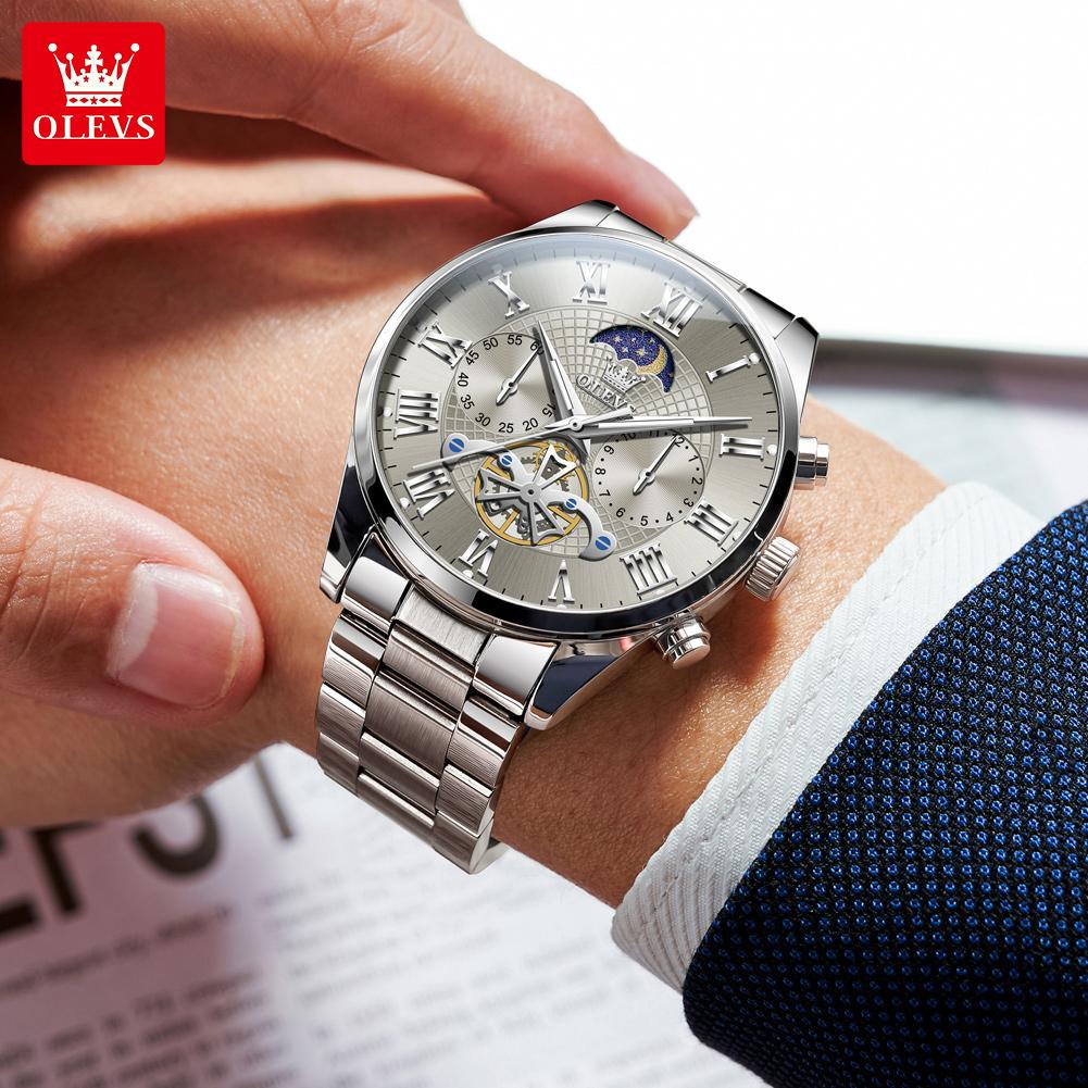 OLEVS Men's Watches Multifunctional Chronograph Flywheel Dial Original Wristwatch Moon Phase Waterproof Watches