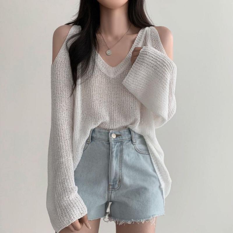 Chic Loose Lazy Style V-neck Off Shoulder Pullovers Sweaters Women Solid Fashion Casual Knitted Sweater Tops Women Elegant Round Neck Jumpers 25662