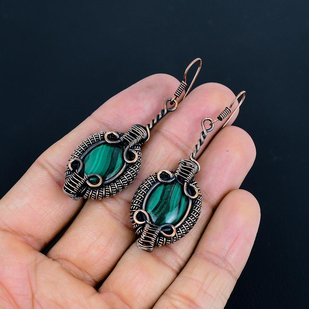 Malachite Earrings, 999 Copper Wire Wrapped Jewelry, Gift For Women Handmade Earrings Gemstone Jewelry