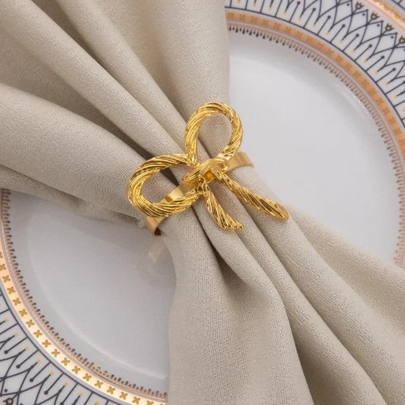 1-12PCS Elegant Wedding Napkin Rings Gold Bow Tie Table Decor for Bride Groom Banquet Party Favor Dinner Acssories