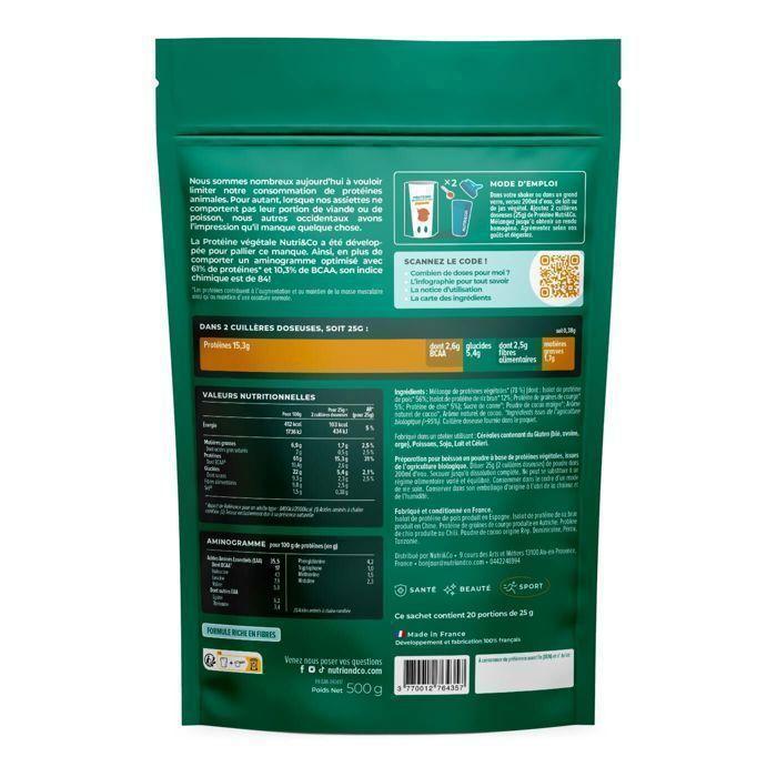 Protéine Végétale BIO - Pois, Riz, Chia & Courge - Alternative À La Whey - Riche En BCAA - Saveur Cacao - 500g Vegan - Nutri&Co