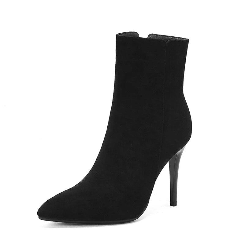 

ANNYMOLI Женские ботильоны с острым носком на тонком высоком каблуке на молнии Короткие ботинки Лаконичный дизайн Женская модная обувь Зимняя верблюжье-красная 43 34 чёрный