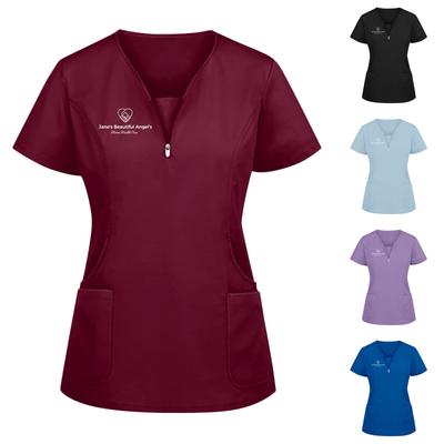 Women Solid Color Short-Sleeve V-neck Top  Work Uniform Pocket Top