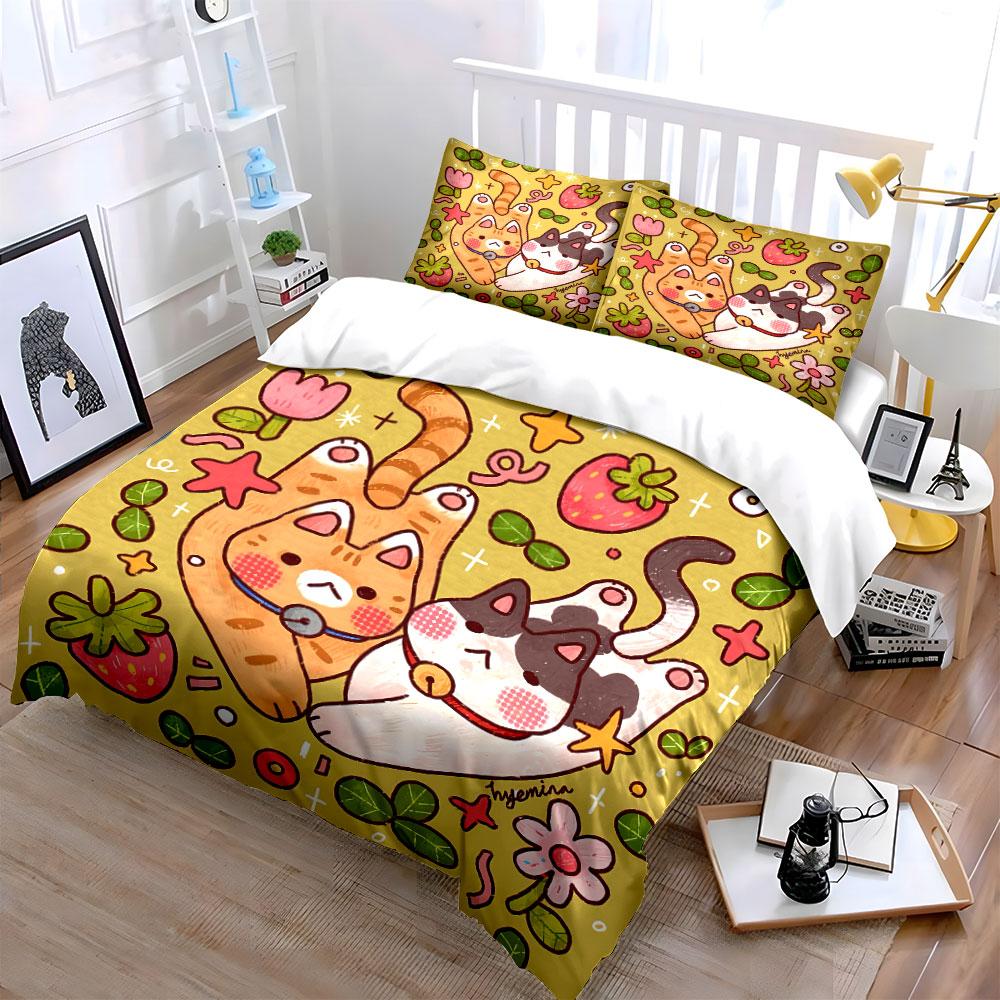 Cute Cats with Strawberries Pattern Bedding Duvet Cover Set Duvet Cover Pillowcases (1*Duvet Cover 2*Pillowcases, Without Duvet Insert)