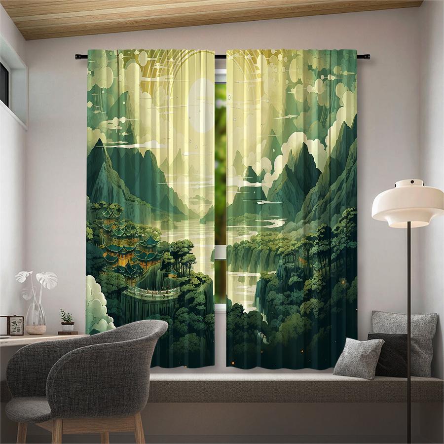 2 Pcs Landscape painting print curtains,suitable for bedroom,living room kitchen decoration,home decoration,window decoration