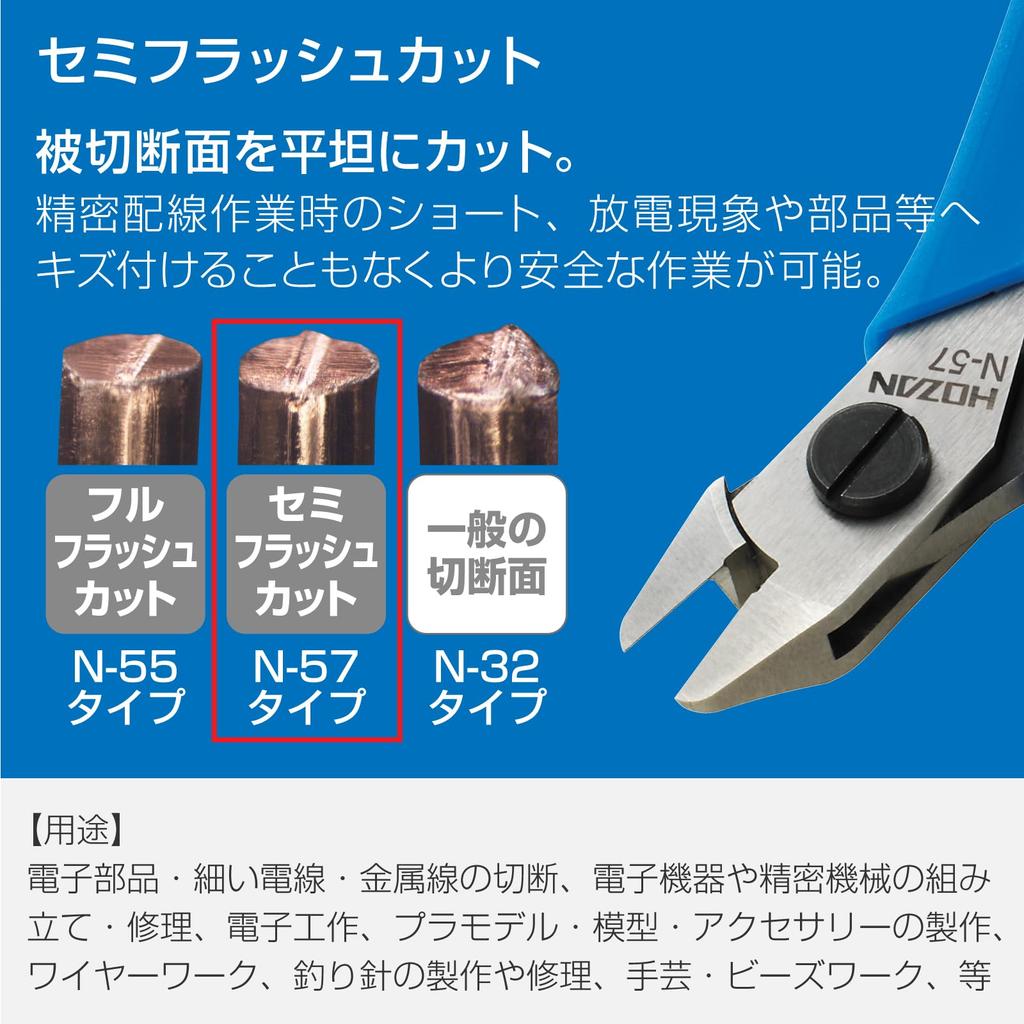 HOZAN Precision Cut Precision Cutting Copper wire Stranded copper wire Nippers, Semi-Flush Type, High-Durability Nippers, Capacity 1.0mm, 0.9mm²