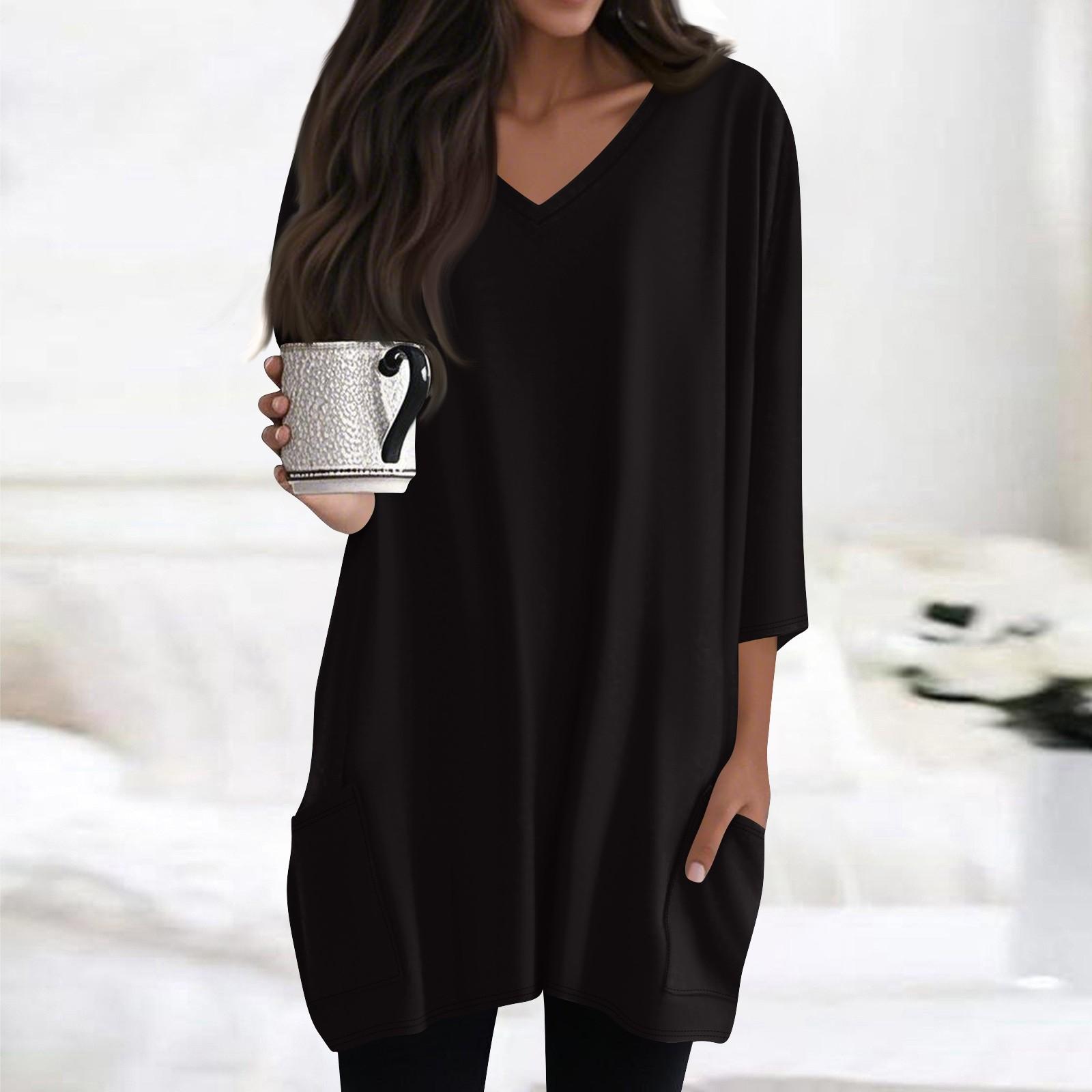 

Женские топы с V-образным вырезом и рукавом 3/4 Блузки Повседневные рубашки средней длины Модные принты Туники Топы с карманами XXL чёрный