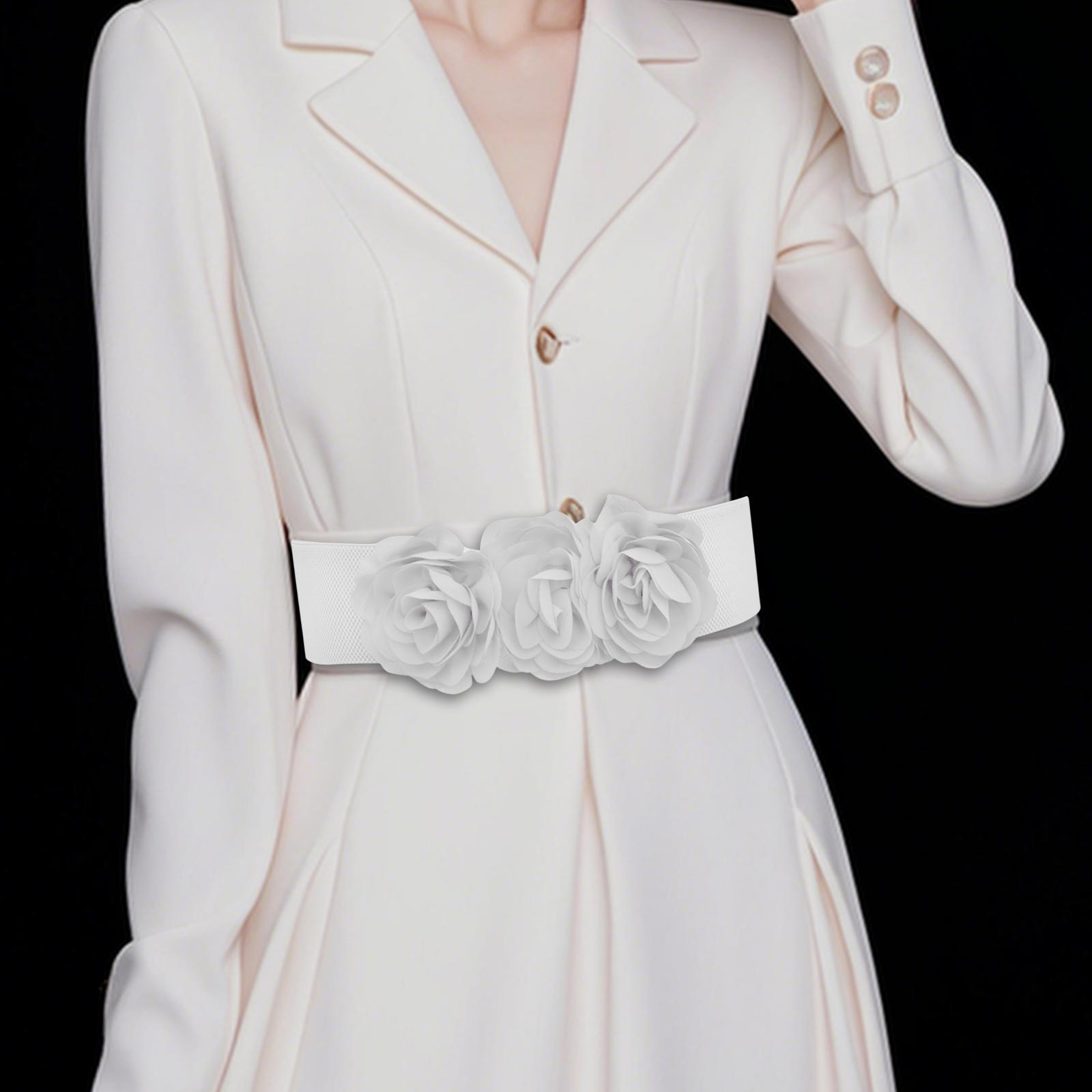 

Elastic Waist Belt for Women with Floral Design White