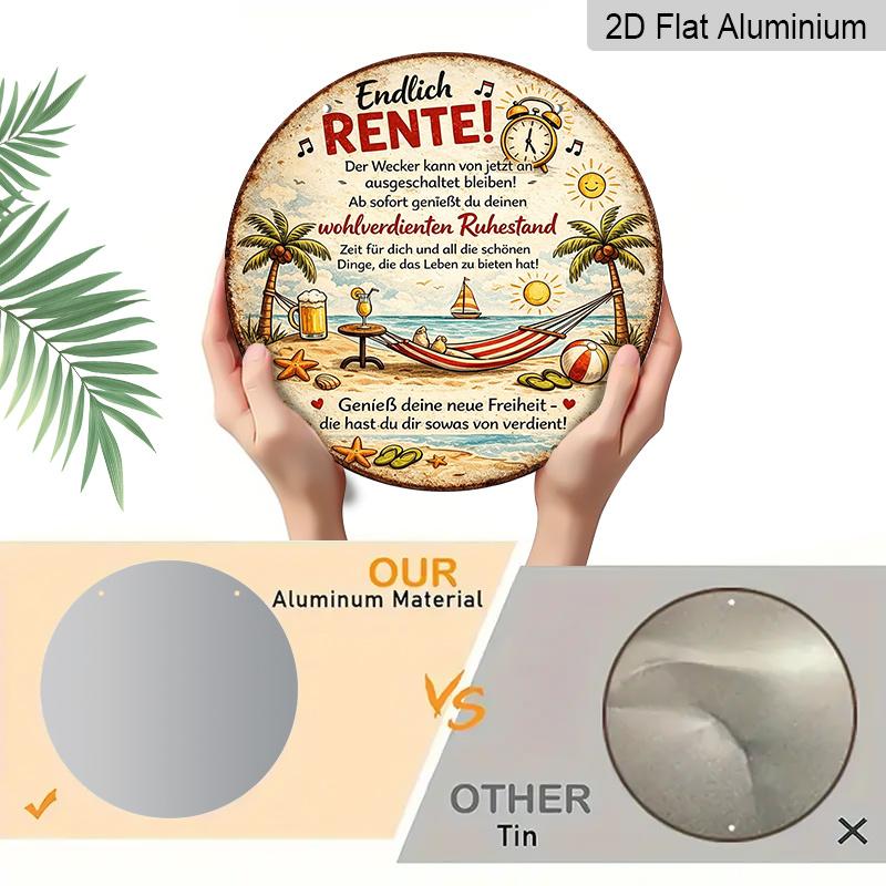 2D Flat, 1pc Round Aluminum Hanging Sign - "Finally Retired" German Retirement Beach Scene Metal Wall Art, Vintage Distressed Tropical Hammock & Palm
