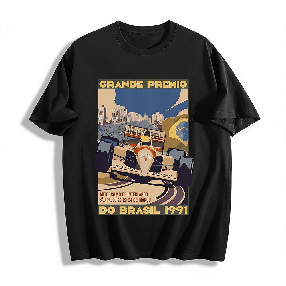 Vintage 1991 Brazilian Grand Prix McLaren Racing Print T-Shirt Retro Motorsport Casual Tee Pure cotton T-shirt XXS