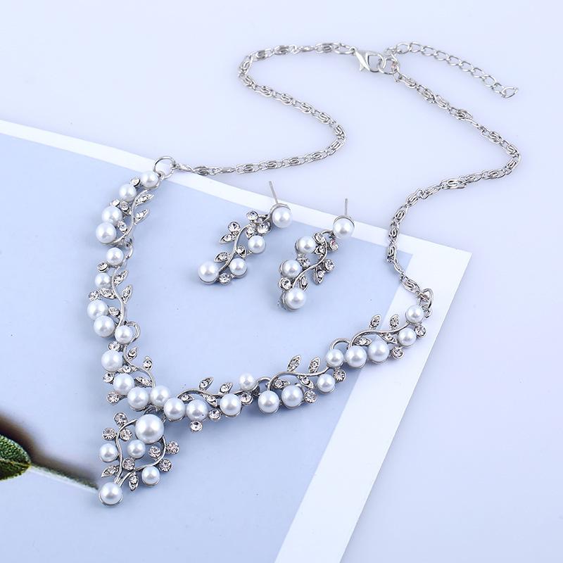 2pcs Women Leaf Pearl Necklace Earrings Two-piece Set Bridal Wedding Jewelry Accessories