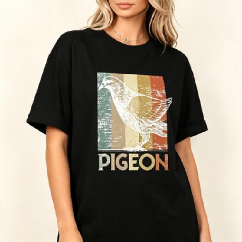Vintage Style Unisex Cotton Tshirt Distressed Pigeon Outline Print Retro Color Block Bird Graphic Casual Daily Short Sleeve Tees