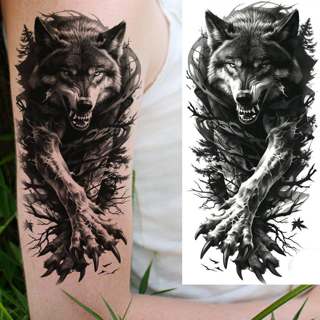1 Sheet Forest Tribal Wolf Temporary Tattoos For Men Women Arm Leg Tatoos Waterproof Realistic Fake Tattoo Stickers Long Lasting