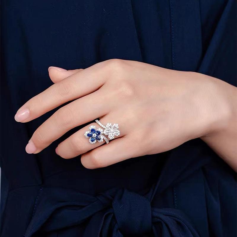 2023 Korean Fashion Temperament Blue Crystal Twisted Leaves Flowers Ring for Women  Sterling Silver  Party Ring