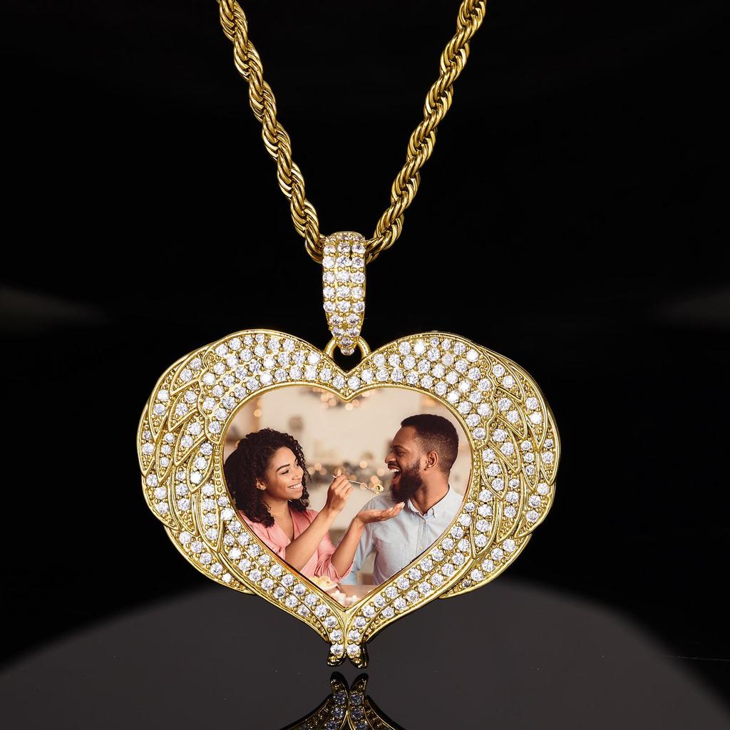 Custom Trendy Heart and Angel Wings Photo Necklace - Personalized DIY Pendant Jewelry