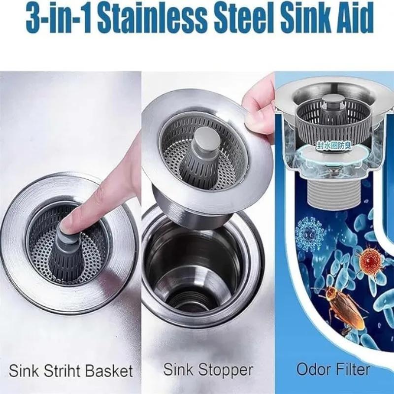Kitchen Filter Sink 3 In 1 Pop Up ABS Silver Plated Sink Strainer Drain Basket Stopping Blockage Bouncing Core Leak-proof Plug