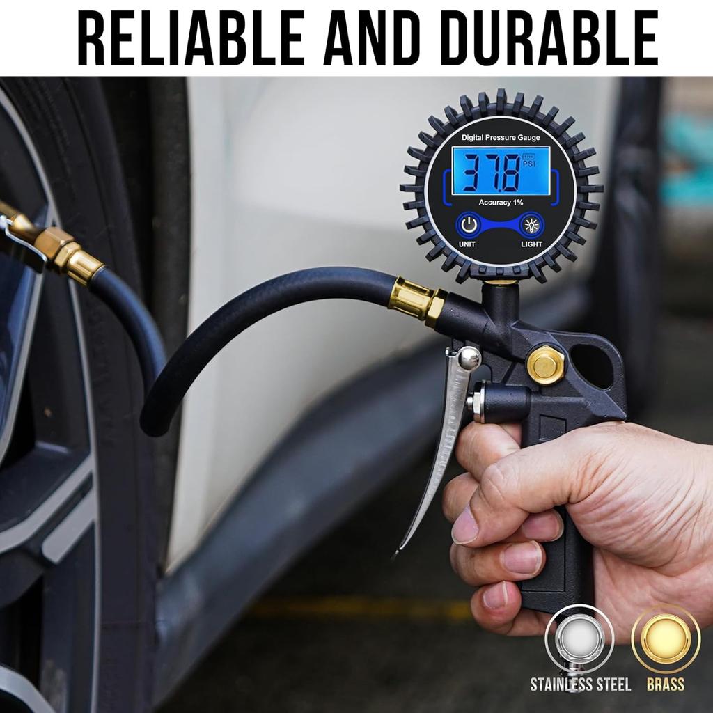 Digital Tire Pressure Gauge with Inflator, 3-250 PSI Air Compressor Accessories with Air Chuck Quick Connect Coupler, Car Attachments with Rubber