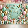 1pc Birthday Celebration Background Banner Teal Background Gold Lettering Decoration with Floral Gift Box Pattern Decoration