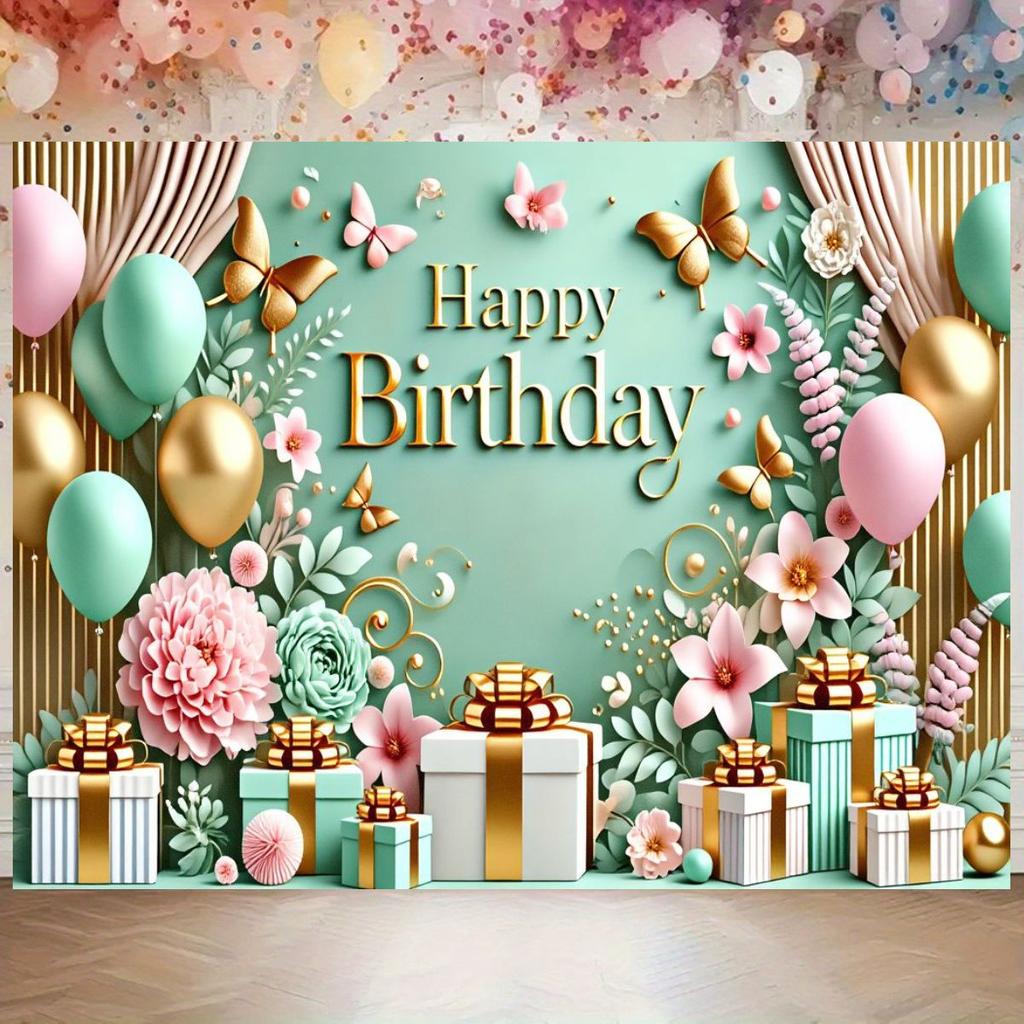 1pc Birthday Celebration Background Banner Teal Background Gold Lettering Decoration with Floral Gift Box Pattern Decoration