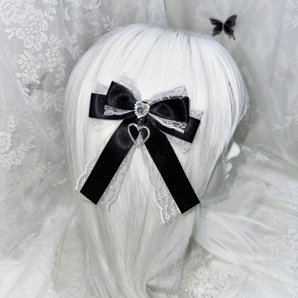 1/2Pc Heart Pendant Lace Bow Hair Clips Y2k Style Ponytail Hairpins Kawaii Gothic Hair Clips Anime