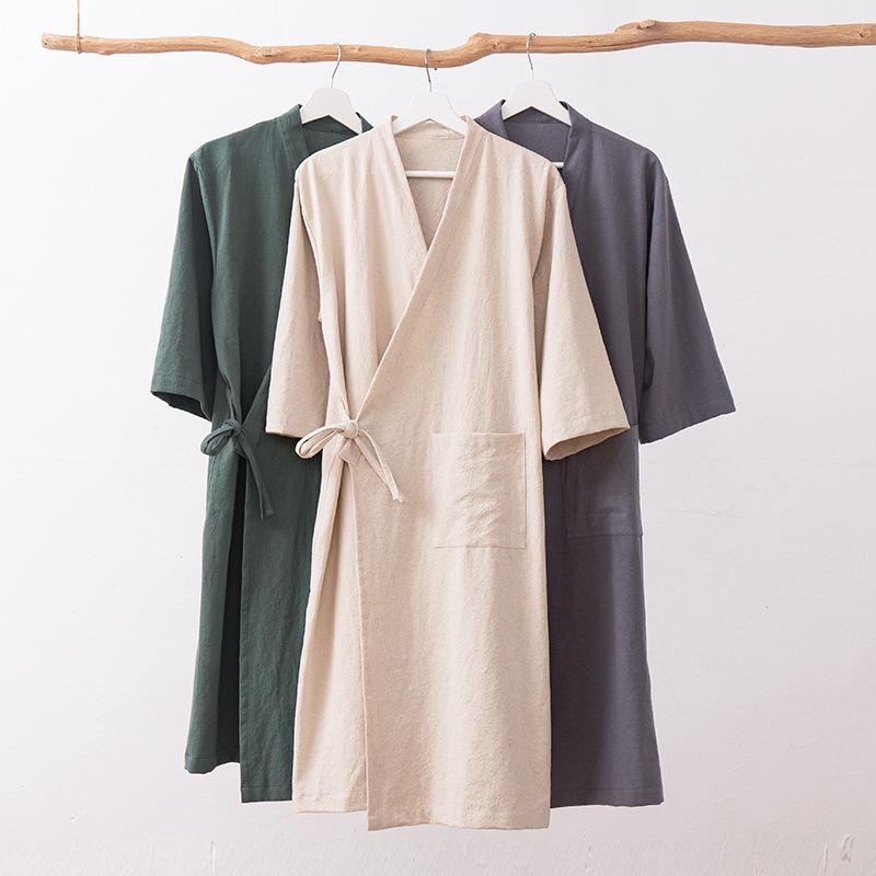 

Lusu Pure Cotton Linen Chinese Style Cross-Lapel Bathrobe for Spa and Beauty L