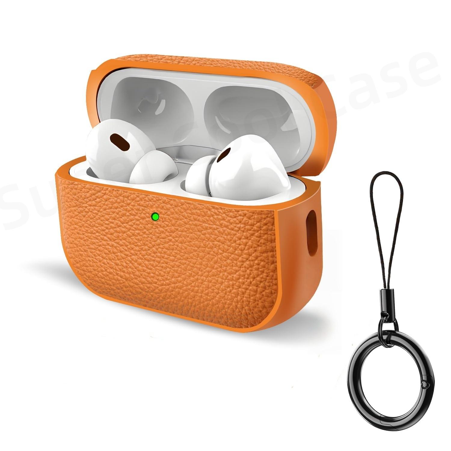 

Case for AirPods Pro 3/Pro 2/Pro/4 Leather-Texture TPU Shockproof Protective Cover with Keychain Front LED Visible for AirPods 4 for AirPods Pro