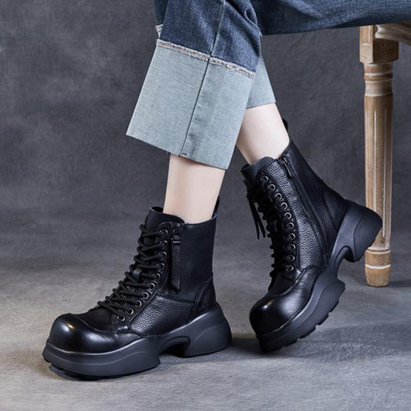 Johnature Vielseitige kurze Stiefel aus echtem Leder mit quadratischem Zehenbereich, lässige Stiefel mit dicken Sohlen, Damenschuhe