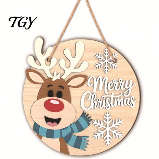 Cute Elk Holiday Ornaments 2D Christmas Wooden Door Hanger Ornaments, Santa Snowman Reindeer Welcome Wall Home Entrance Accents Sign, Rustic Farmhouse