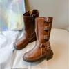 Children's Fashionable Long Tube Boots with Fleece Winter New Style Girls' Side Zipper Black Denim Leather Boots Cotton Boots Trend