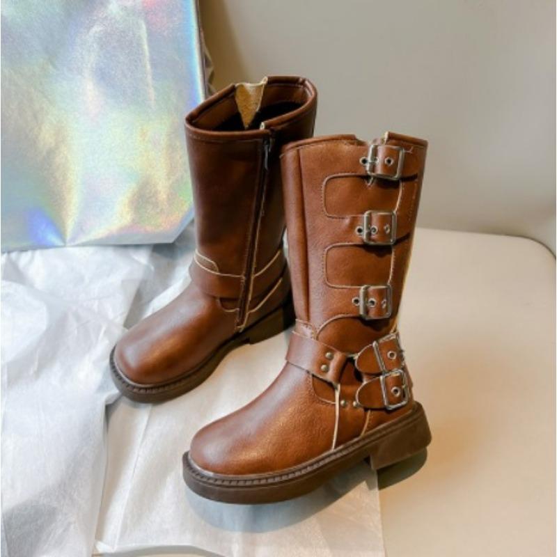 Children's Fashionable Long Tube Boots with Fleece Winter New Style Girls' Side Zipper Black Denim Leather Boots Cotton Boots Trend