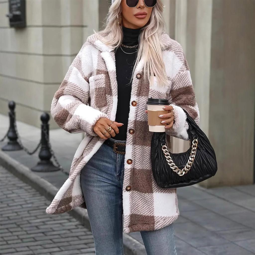 Fashionable Women's Mid-length Plaid Coat