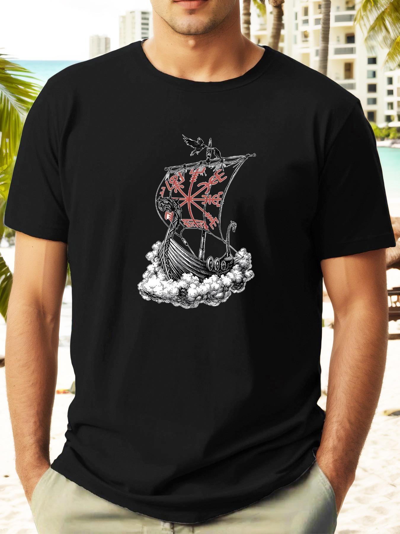 Viking Ship Graphic T-shirt - Red Casual Summer Tee with Intricate Design XXL