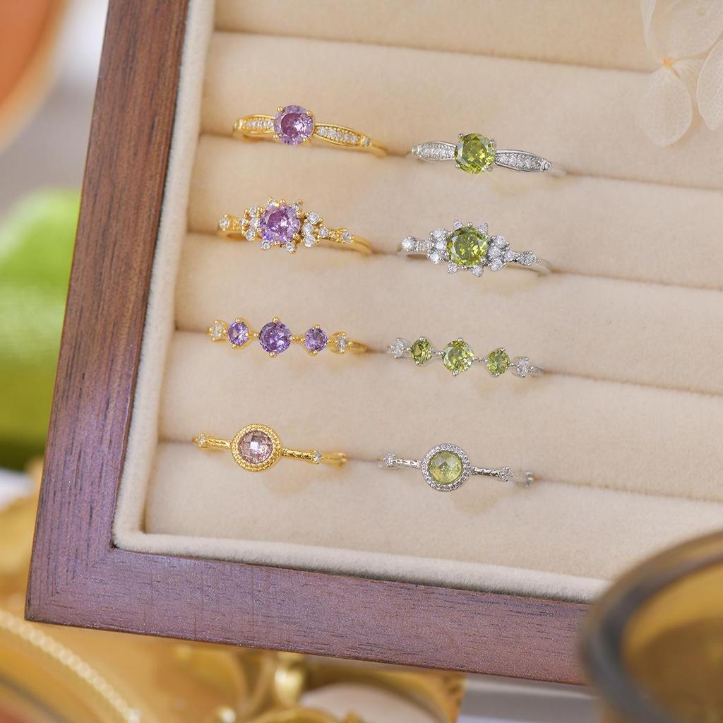 A541 French-Style Light Luxury Olive Green Zircon Women's Summer Open Ring Set