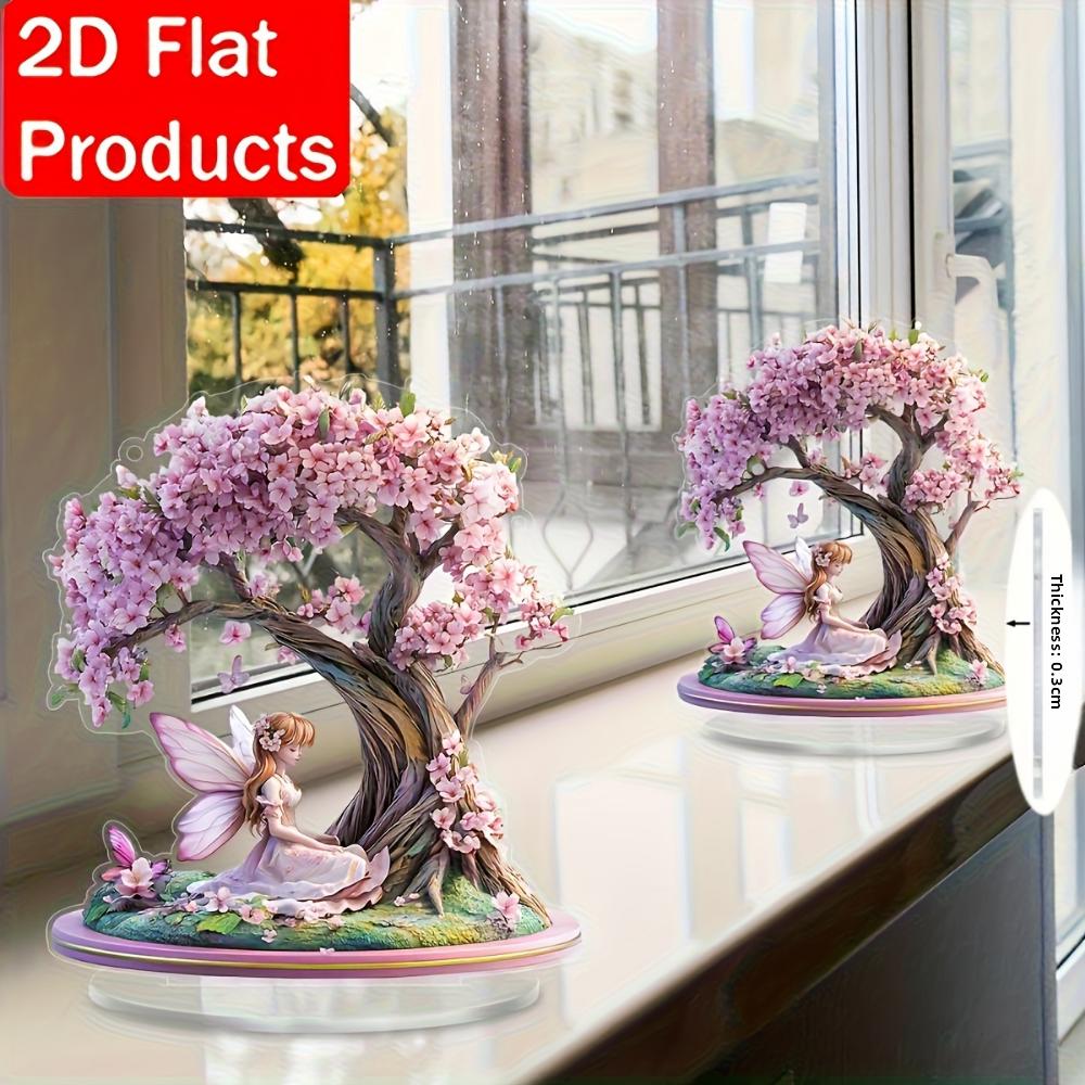 Elegantní růžová víla s kvetoucími třešňovými květy 2, plochý akryl, stolní dekorace, vhodné do obývacího pokoje, kanceláře, dárky, Vánoce, Halloween